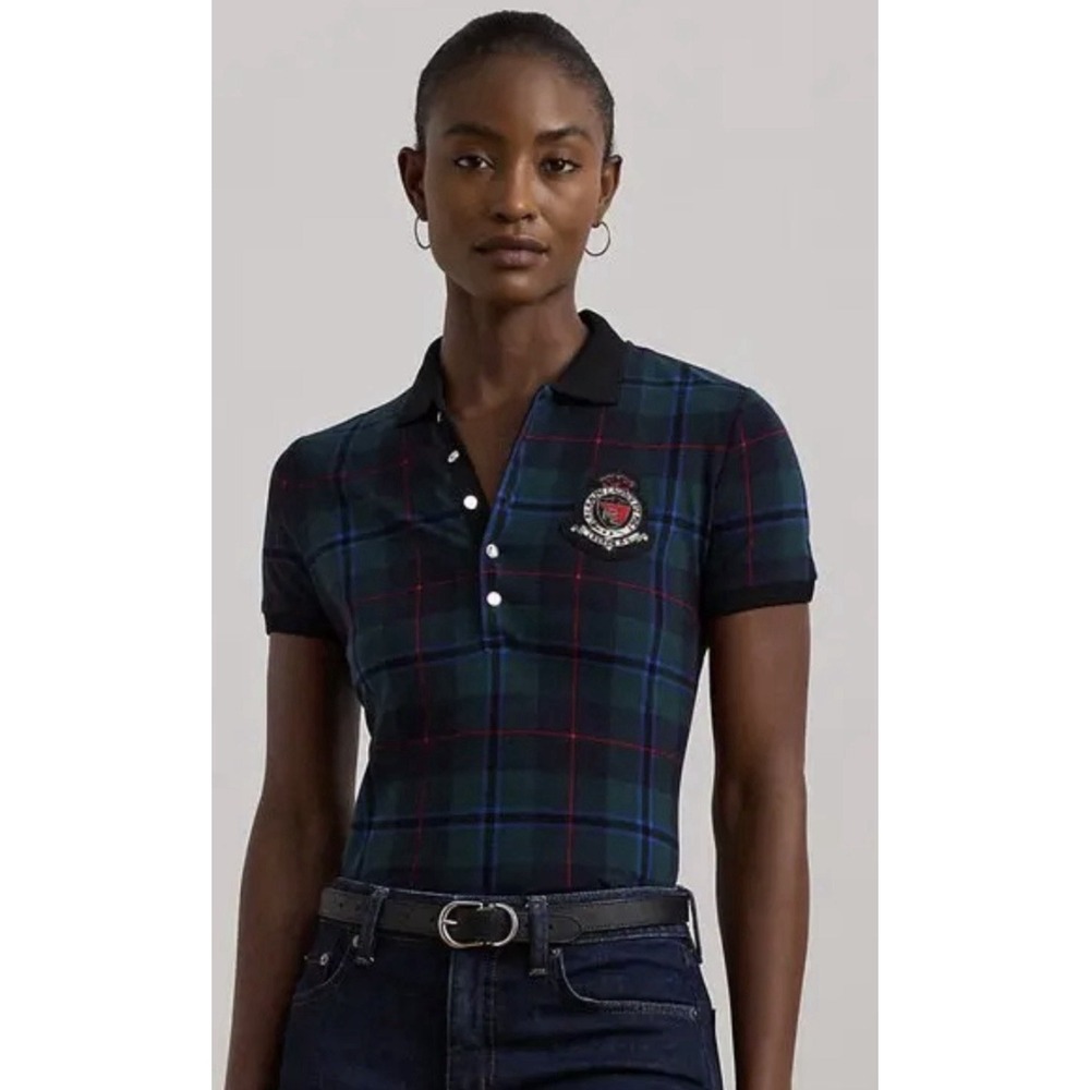 Lauren Ralph Lauren Black Label Plaid Beaded-Crest Piqué Polo Golf Shirt